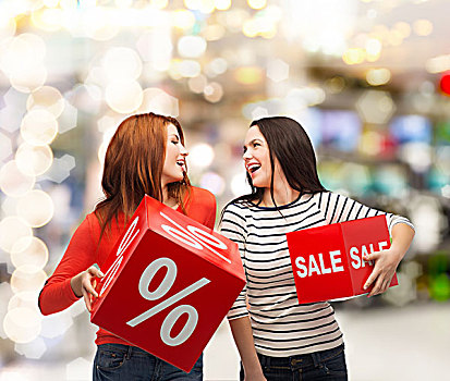 购物,销售,商场,礼物,两个,微笑,少女,百分比,标识,红色,盒子,购物中心