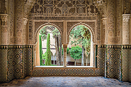 内景,一对,窗户,砖瓦,墙壁,阿尔罕布拉宫,格拉纳达,安达卢西亚,西班牙
