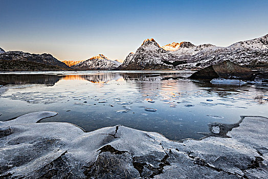 冰,岸边,峡湾,罗弗敦群岛,挪威,欧洲