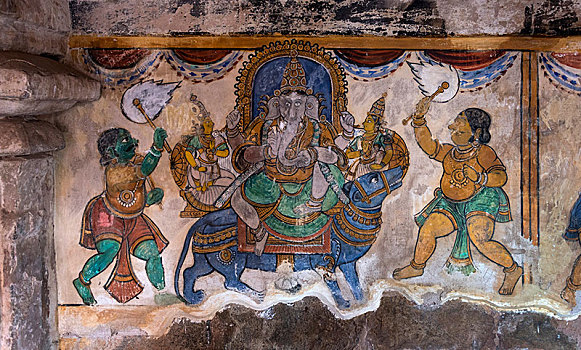 印度教,神,象神甘尼夏,象头神迦尼萨,壁画,庙宇,坦贾武尔,泰米尔纳德邦,印度,亚洲