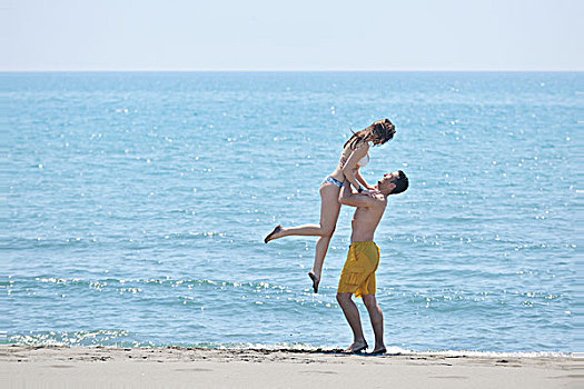高兴,年轻,情侣,浪漫,时间,海滩,日落