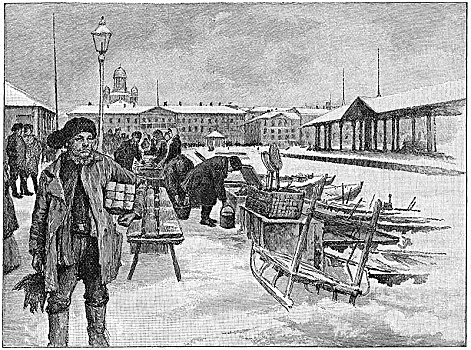 鱼市,赫尔辛基,芬兰,新,杂志,插画,一月,1891年,人,市场,食物,零售,历史