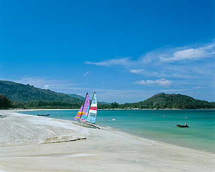 双体船,白色,沙滩,海滩,普吉岛,省,泰国,亚洲