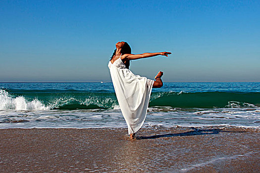 美女,舞者,单腿站立,海洋
