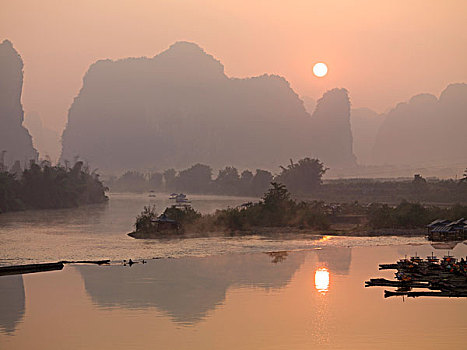 太阳,薄雾,高处,山峦,广西,中国