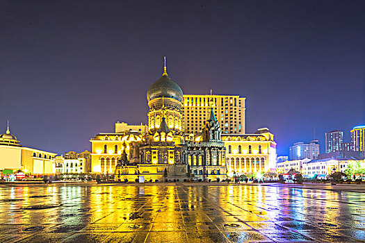 哈尔滨,索菲亚,大教堂,夜晚,下雨