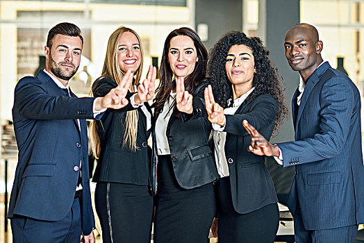 团队,商务人士,竖大拇指,手势,现代办公室,多种族,人,协作,概念