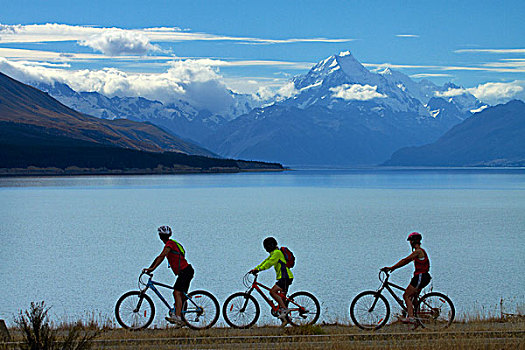 骑车,阿尔卑斯山,海洋,自行车,小路,普卡基湖,奥拉基,库克山,麦肯齐山区,坎特伯雷,南岛,新西兰