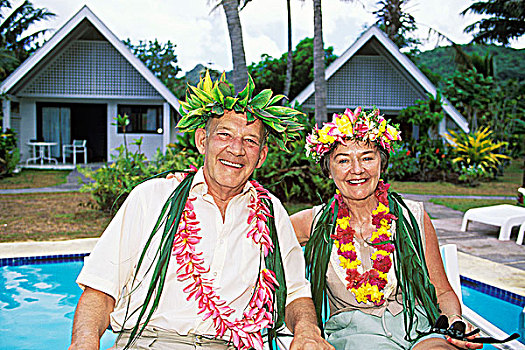 库克群岛,退休,伴侣,休闲,池边,花,花环,拉罗汤加岛