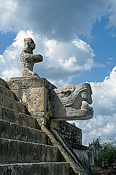 玛雅,石刻,头部,狰狞,库库尔坎,奇琴伊察,尤卡坦半岛,墨西哥