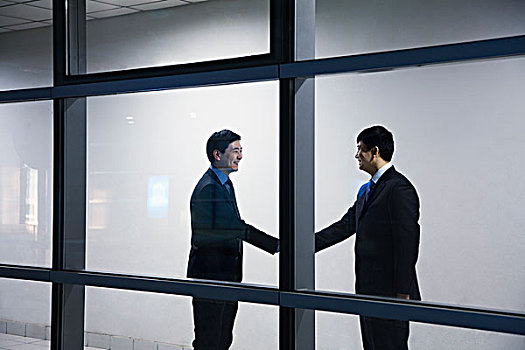 两个,商务人士,握手,风景,玻璃墙