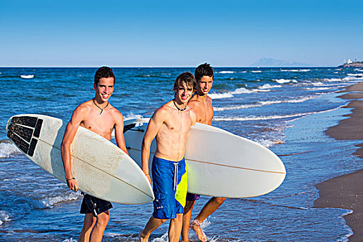 男孩,冲浪,群体,蓝色,海滩