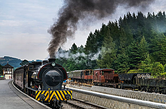 列车,坐,车站,黑烟,波浪状,引擎,北约克郡,英格兰