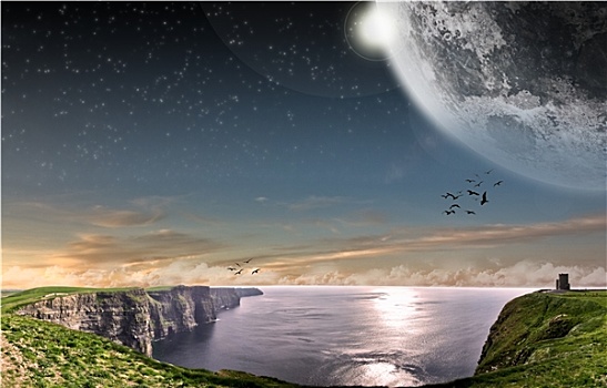 悬崖,莫赫悬崖,爱尔兰,月亮