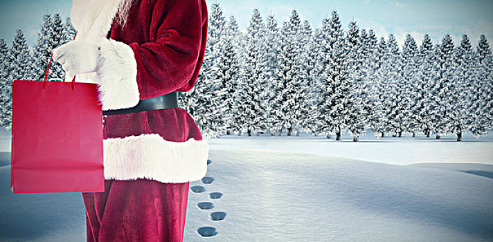 合成效果,图像,圣诞老人,红色,礼包,冷杉,树林,雪景