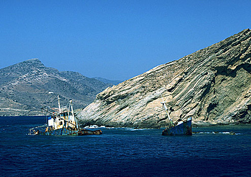 希腊,渔船,残骸,岩石海岸