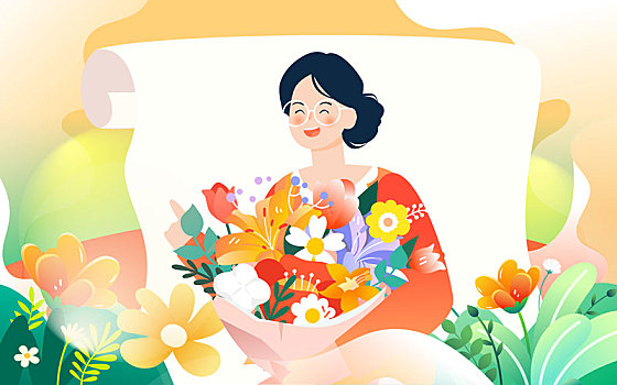 三八妇女节女生收鲜花礼物文艺清新活动插画