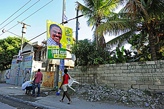 haiti,port,au,prince,billboard,with,presendential,candidate,jude,celestin