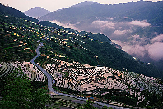 贵州省黔东南苗族侗族自治州从江县加榜乡,山脉间层层叠叠的梯田与日出云海