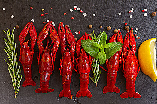 排,红色,小龙虾,黑色背景,木板,调味品,药草