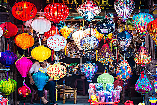 传统,丝绸,灯笼,店员,色彩,会安,越南,亚洲