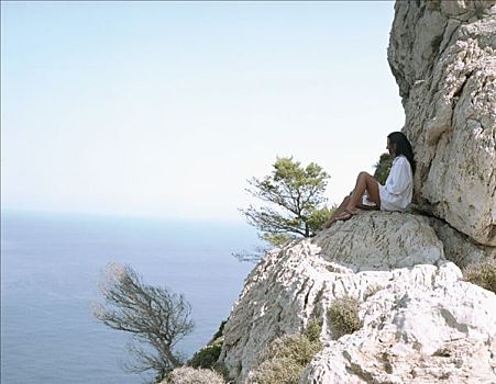 坐,女人,大石头,海洋,放松