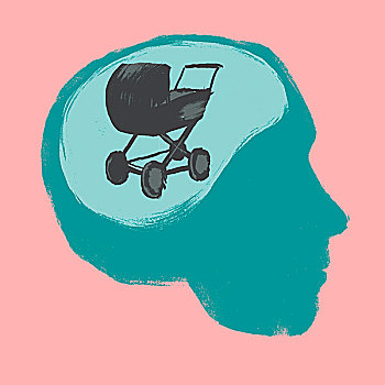插画,婴儿车,人脑,粉色背景