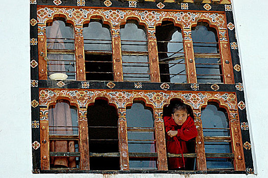 不丹人,小,僧侣,看,窗户,寺院,廷布,不丹,十一月,2007年