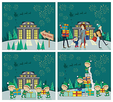 圣诞节,庆贺,矢量,概念,设计,假日,购物,商场,仙女,包装,礼物,烟花,圣诞老人,雪撬,天空,季节,销售,贺卡