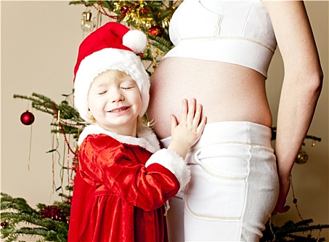 头像,小女孩,怀孕,母亲,圣诞树