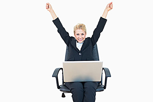 成功,年轻,职业女性,抬手,笔记本电脑,上方,白色背景
