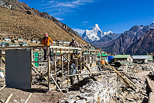重建,房子,毁坏,地震,山,远景,单独,昆布,尼泊尔,亚洲