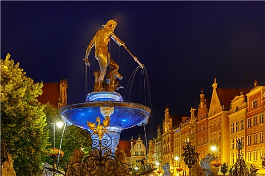 喷泉,格丹斯克,夜晚,波兰