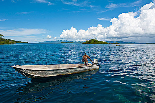 男人,坐,汽艇,清晰,水,泻湖,所罗门群岛,太平洋