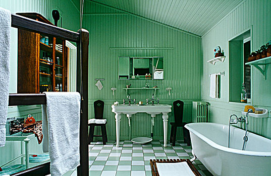 浴室,天花板,墙壁,排列,涂绘,凉,绿色,向上,白色,棋盘,地砖