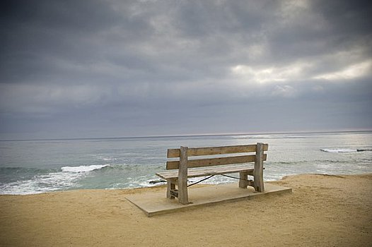 海景,阴天,空,长椅,圣地亚哥县,加利福尼亚,美国