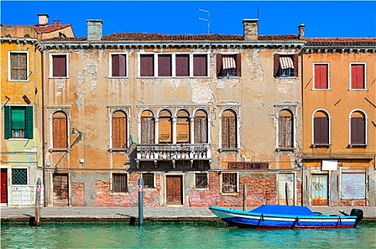 特色,老,彩色,砖制建筑,木质,百叶窗,窗户,小,运河,威尼斯,意大利