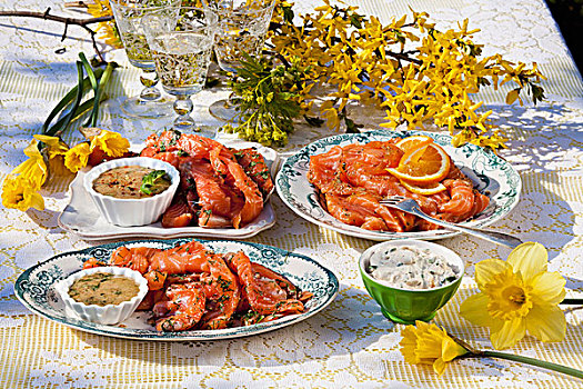 熏制三文鱼,酱,复活节自助餐,瑞典