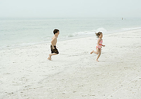 男孩,女孩,跑,海滩