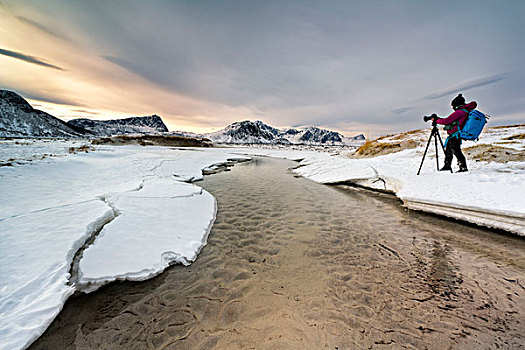 海滩,罗弗敦群岛,岛屿,挪威,摄影师,日出