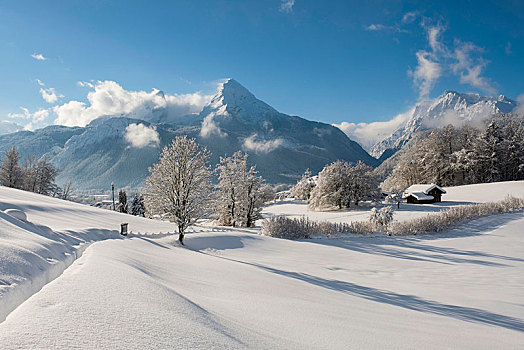 冬季风景,风景,瓦茨曼山,右边,国家公园,贝希特斯加登地区,上巴伐利亚,巴伐利亚,德国,欧洲
