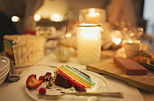 残余物,蛋糕,烛光,桌子