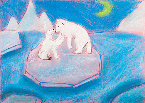 孩子,绘画,熊,幼兽,浮冰