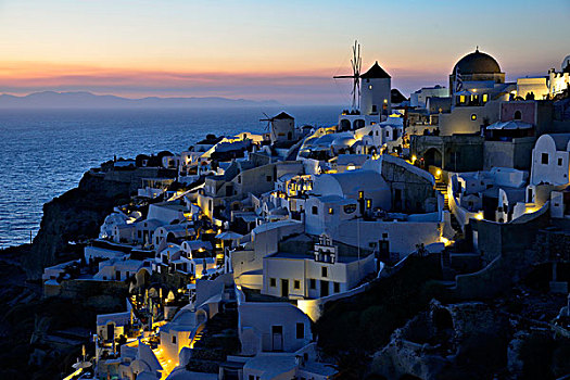 风车,房子,老城,黄昏,锡拉岛,基克拉迪群岛,希腊群岛,希腊,欧洲