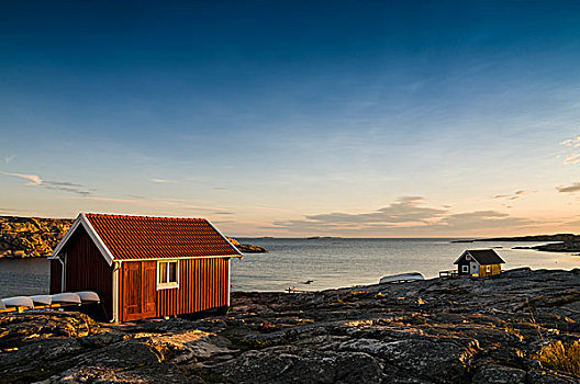 渔民,屋舍,海洋,日落,布胡斯,瑞典,欧洲