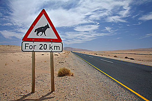 褐色,鬣狗,道路警告标示,道路,南方,纳米比亚,非洲