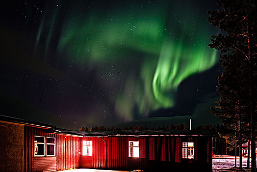 红色,挪威,木屋,北极光,特罗姆斯,欧洲