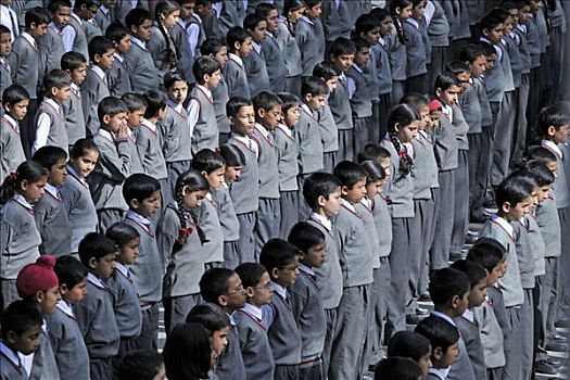 学童,早晨,祈祷,学校,喜马偕尔邦,北印度,亚洲