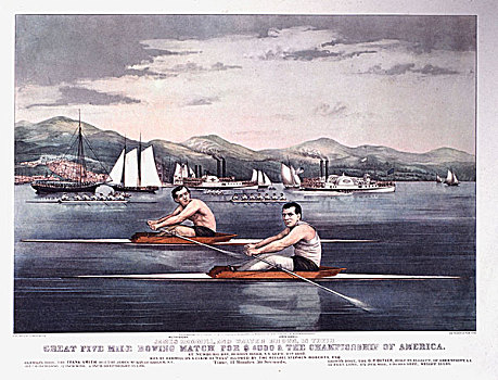 五个,英里,划船,比赛,冠军,哈得逊河,纽约,板画,1867年