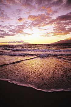 夏威夷,毛伊岛,海滩,日落,粉色,云,反射,水上,远景